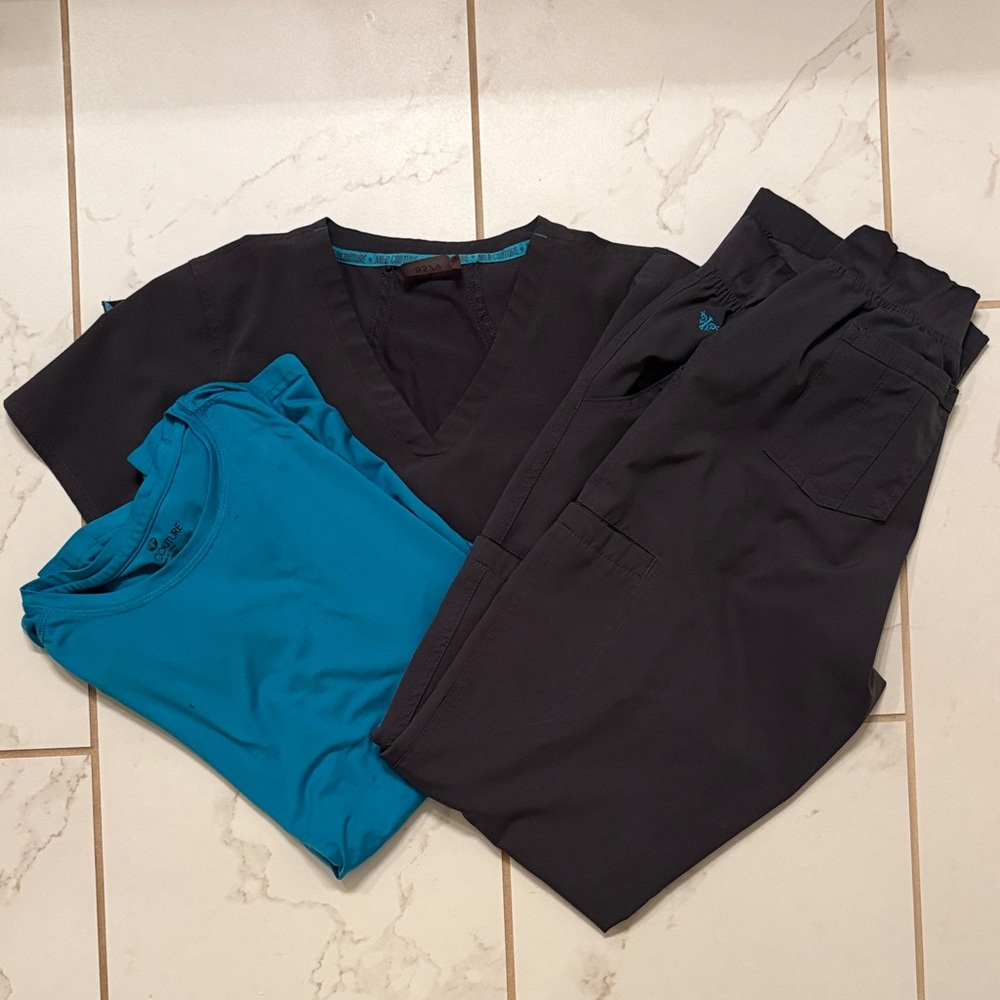 Med Couture Dark Grey and Teal Women's Scrub Set with long sleeve undershirt